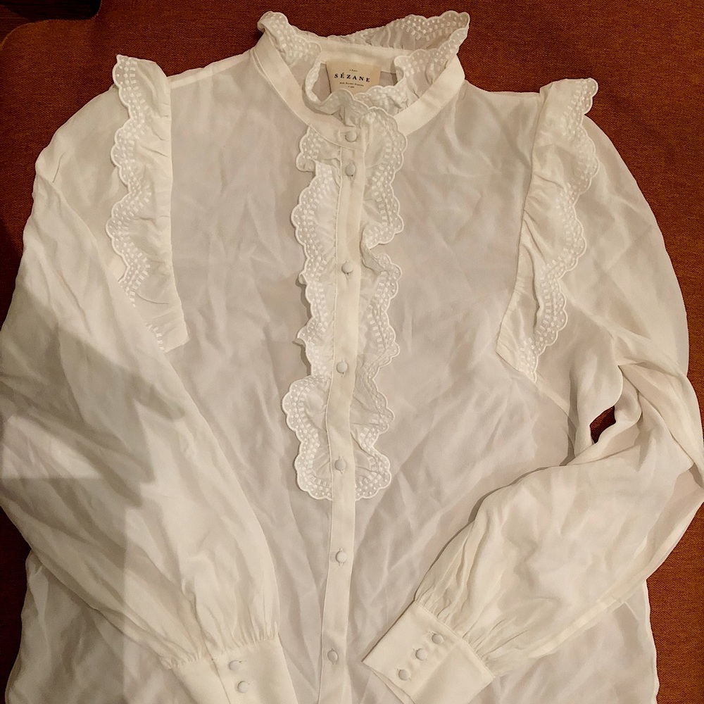 Sezane White Ruffle Button Up Blouse